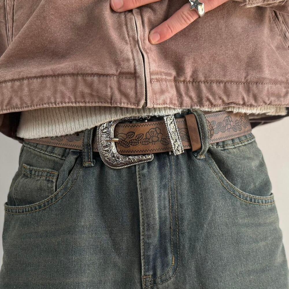 vintage style brown and silver engraved western simple design belt